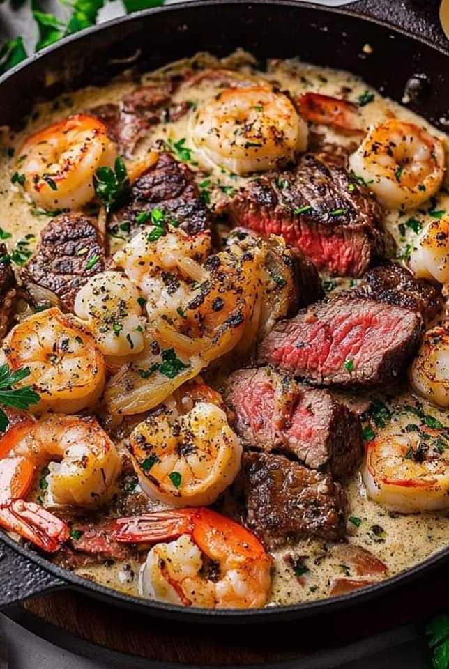 Steak and Seafood Skillet with Garlic Parmesan Cream Sauce