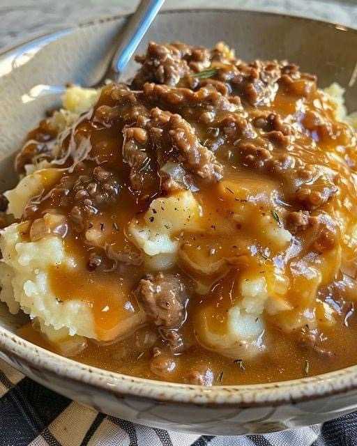 Ground Beef and Gravy Over Mashed Potatoes: