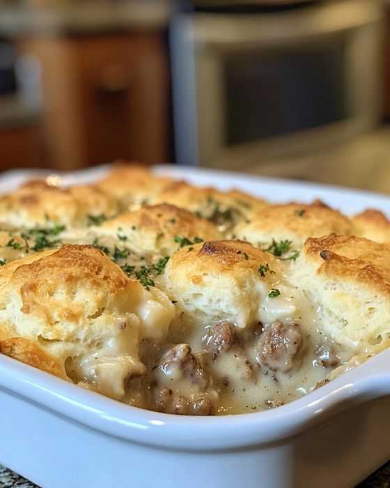 Sausage, Gravy, and Biscuit Pie