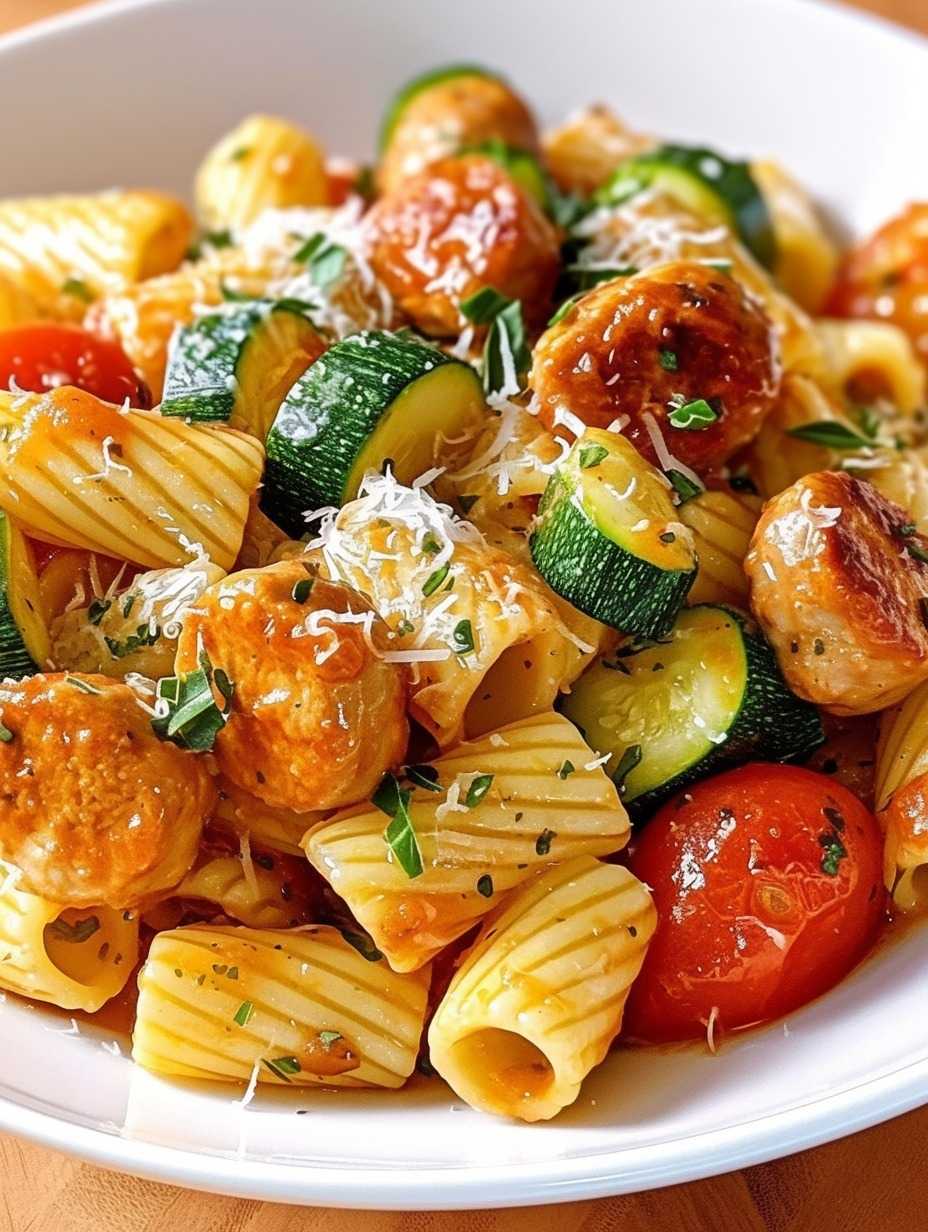 Chicken Sausages with Zucchini, Tomatoes, and Pasta