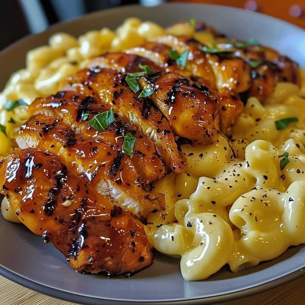 Sweet and Spicy Honey Pepper Chicken with Creamy Macaroni Cheese