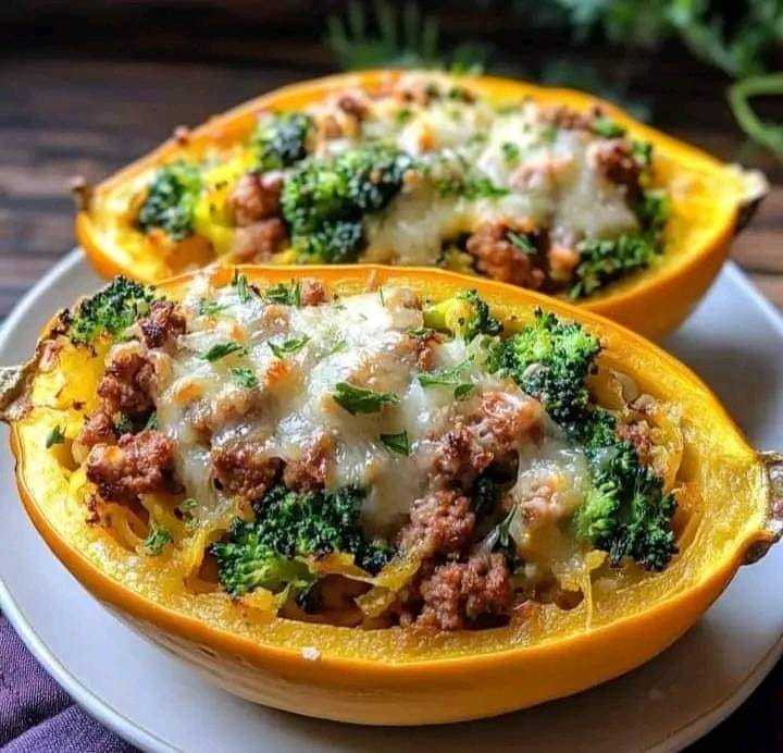 Stuffed Spaghetti Squash with Broccoli, Spicy Italian Sausage, and Cheddar Cheese