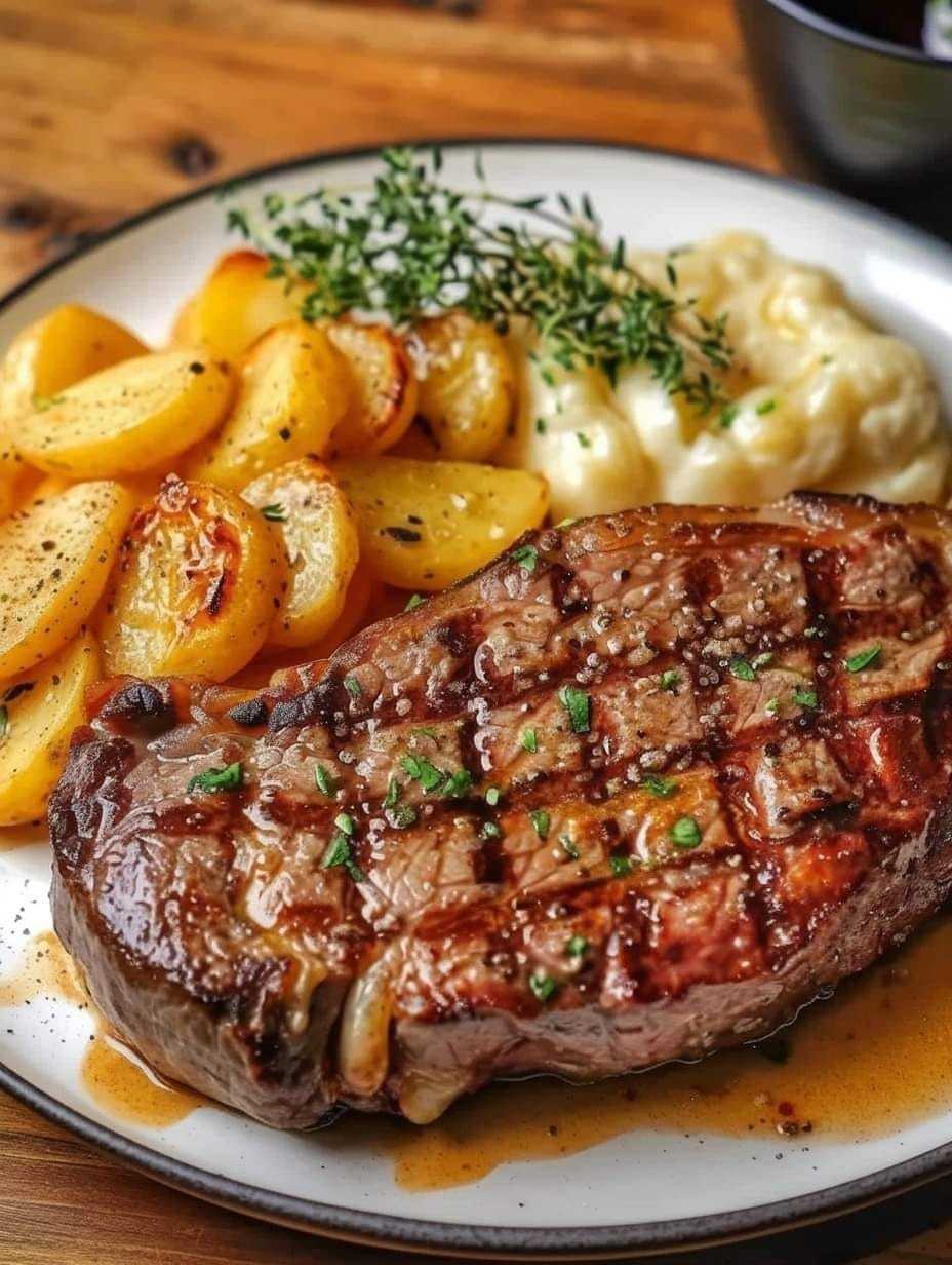 RIBEYE STEAK WITH CHEESY SCALLOPED POTATOES