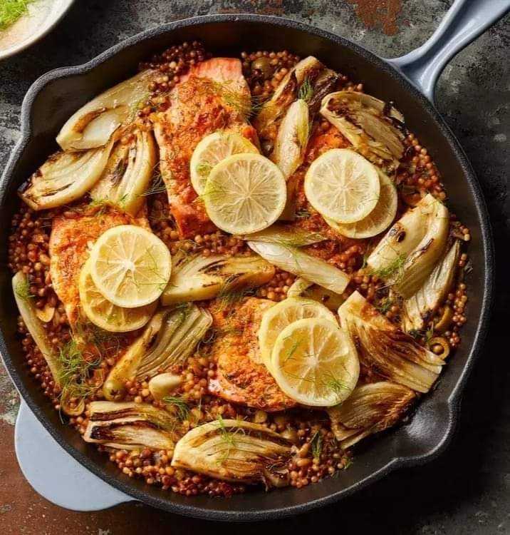 Salmon in a Skillet with Sun-Dried Tomato Couscous and Fennel