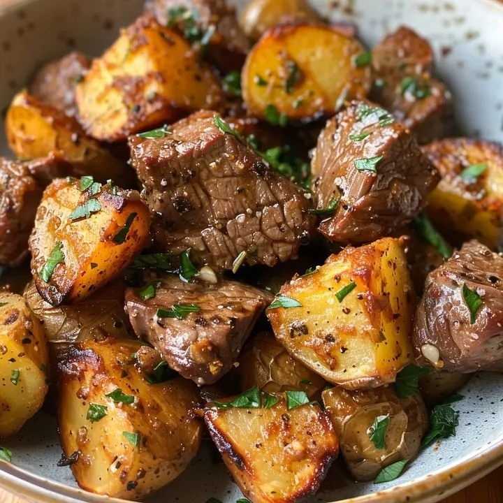 Air Fryer Garlic Butter Steak Bites and Potatoes