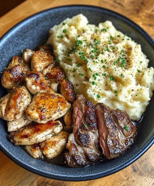 Slow Cooker Garlic Butter Chicken & Ribeye with Parmesan Mashed Potatoes