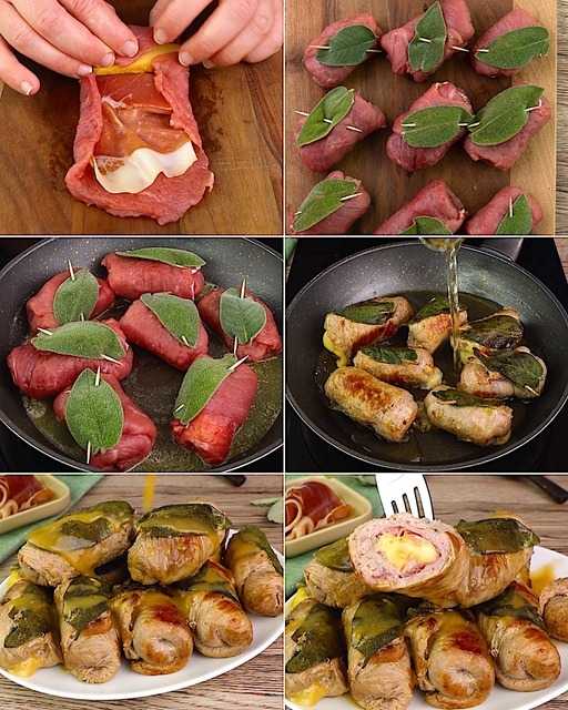 Stuffed veal: ham and cheese rolls in a pan