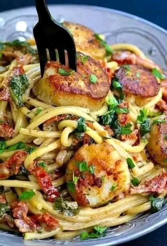 Creamy Tuscan Spaghetti with Jumbo Scallops