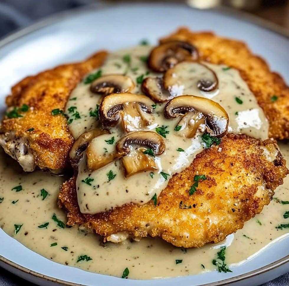 Crispy Golden Chicken with Creamy Parmesan Mushroom Sauce