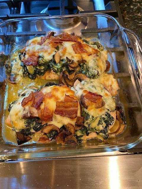 Chicken Stuffed with Mushrooms, Creamed Spinach, and Bacon