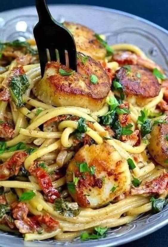 Creamy Tuscan Spaghetti with Jumbo Scallops