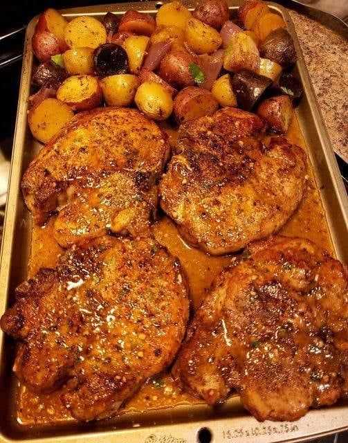 SHEET PAN PORK CHOPS WITH MULTI COLORED POTATOES