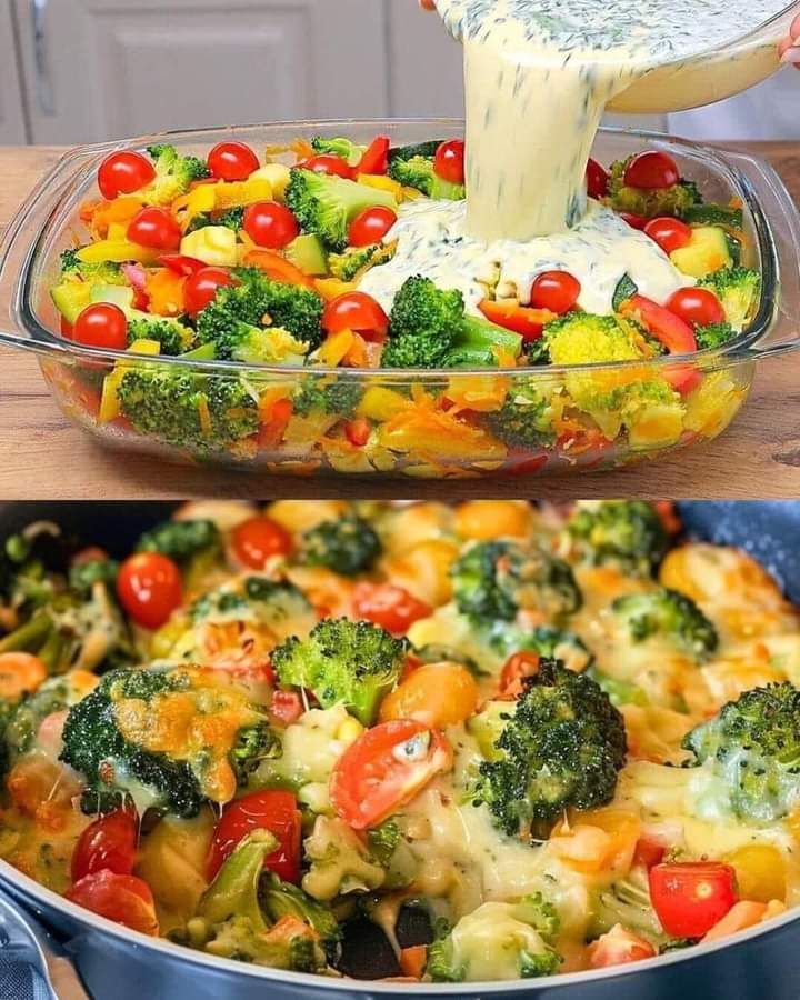 Creamy Baked Broccoli with Tomatoes and Kale