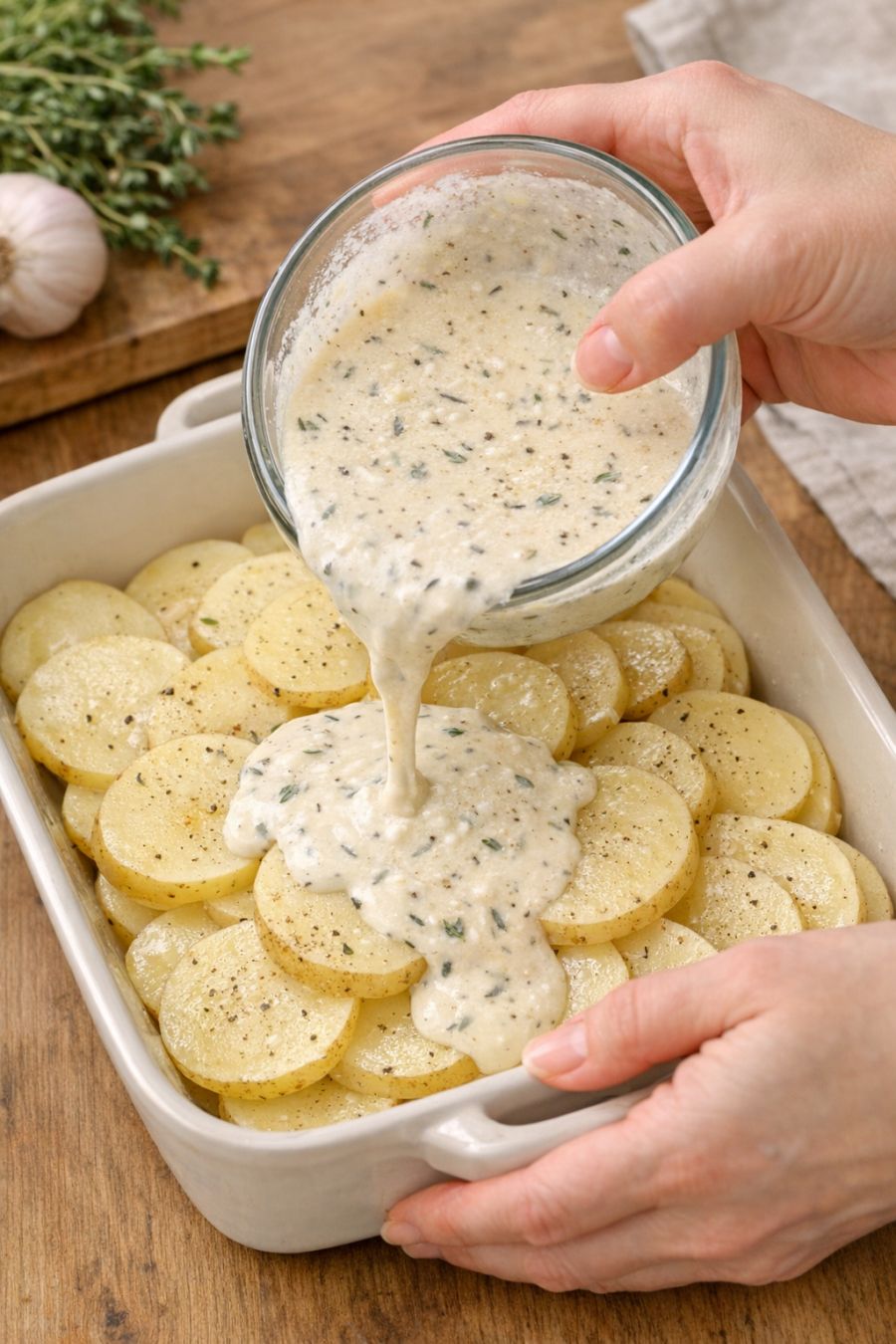 Pour this 1 sauce over potatoes into a ceramic baking dish for a golden oven moment that’s seriously satisfying