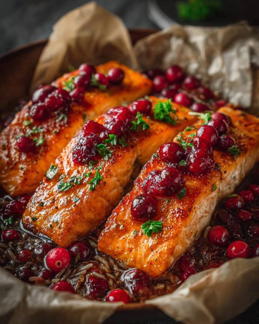 Baked Salmon with Cranberry-Orange Glaze & Wild Rice