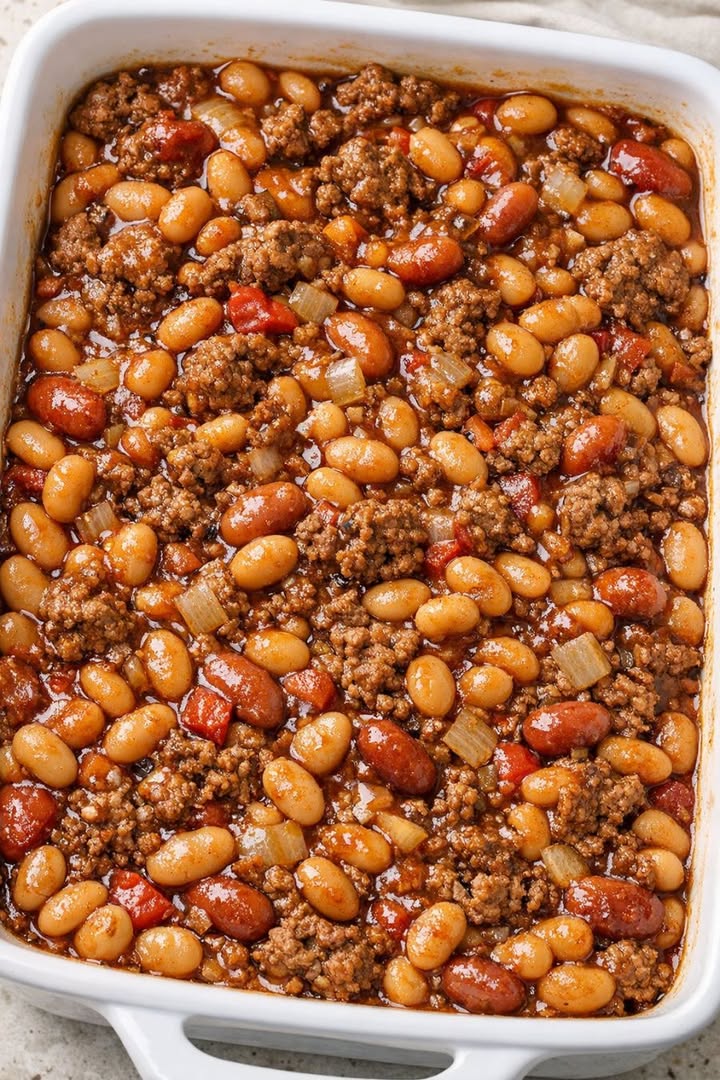 Pour beans and beef in a casserole dish and get a meal so delicious your husband will be begging for more! Hearty enough for a cowboy.