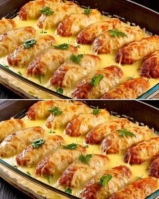 Stuffed Cabbage Rolls on a Bed of Vegetables With Melted Cheese