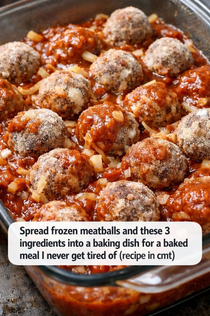 Spread frozen meatballs and these 3 ingredients into a baking dish for a baked meal I never get tired of