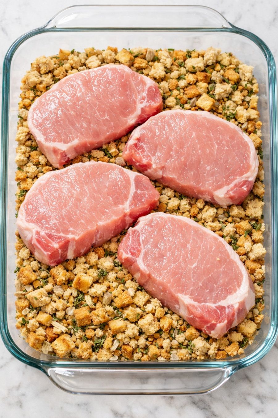Layer pork chops and stuffing in a casserole dish and get a meal so delicious your family will be begging for more! Two classics in one pan.