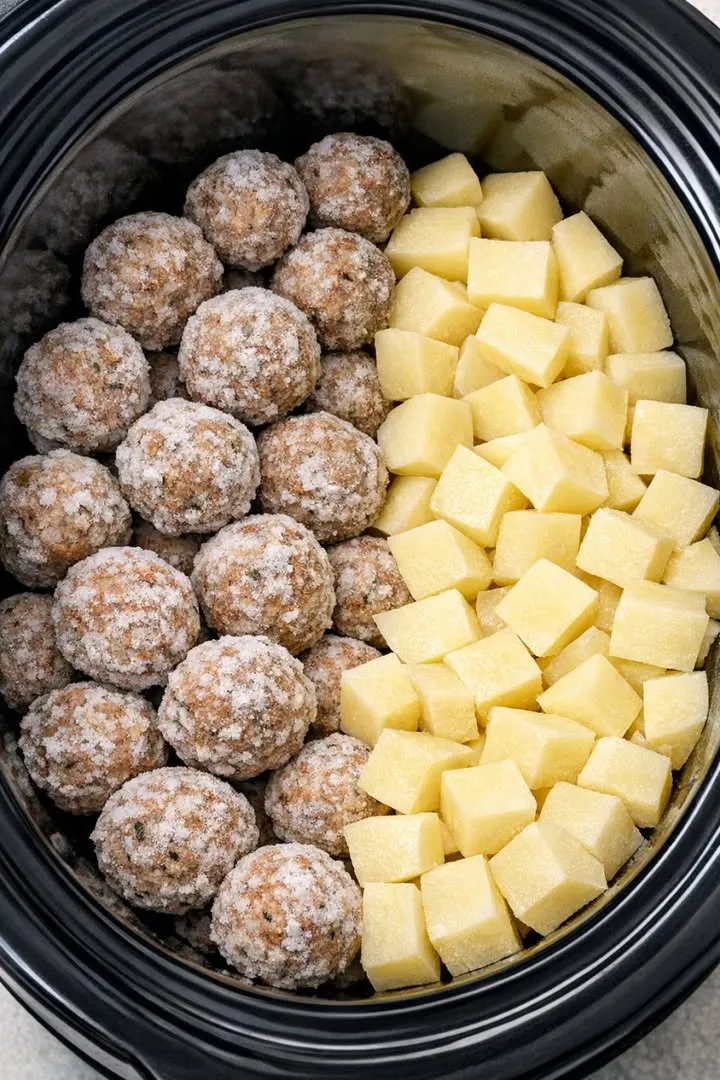Dump frozen meatballs in the crock with potatoes and 3 other ingredients. You get a meal so delicious your family will be begging for more.