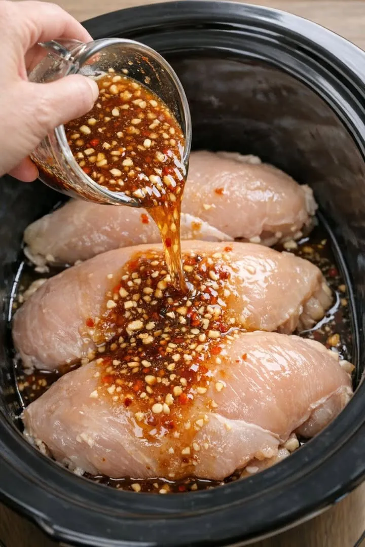 Pour this 1 mixture over raw chicken breasts into a slow cooker for a weeknight dinner that’s impossibly delicious