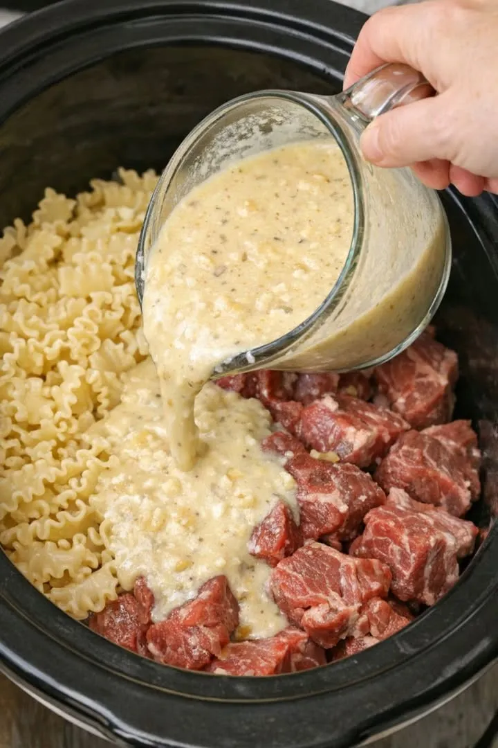 Pour this 1 mixture over raw beef chunks into a slow cooker for a satisfying cold weather meal you’ll crave weekly