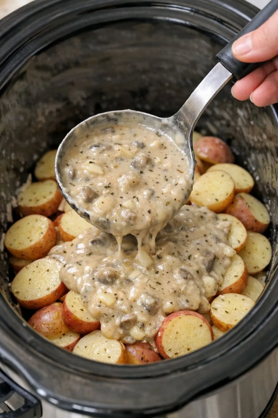 Ladle this 1 mixture over raw baby potatoes into a slow cooker for a hearty february meal that warms you from the inside out